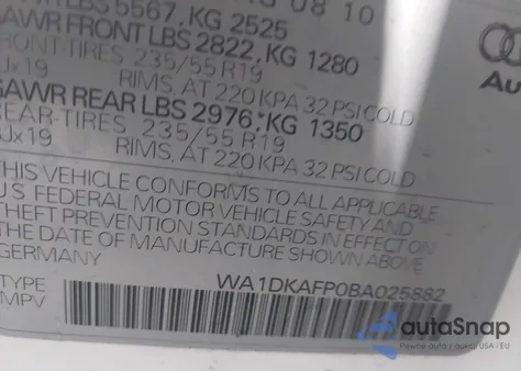 2011 Audi Q5 3.2 Premium Plus z USA, uszkodzony, nr VIN WA1DKAFP0BA025882